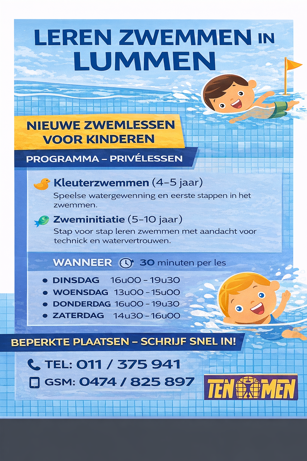 🏊‍♂️ leren zwemmen (4,5–10 j.) in Lummen! Zwemplezier verzekerd, schrijf snel in!