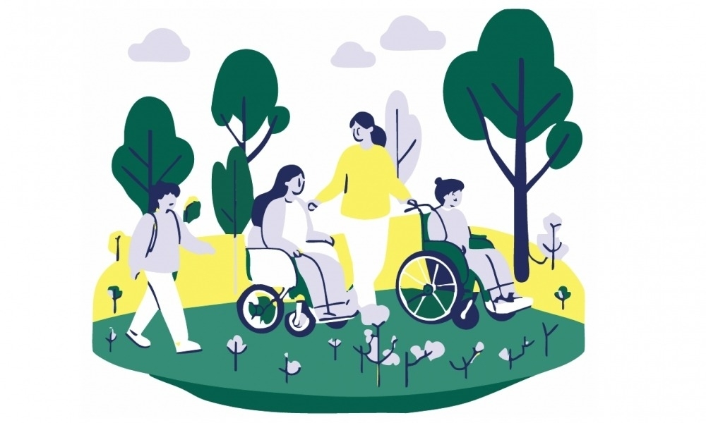 tekening met wandelende personen in natuur