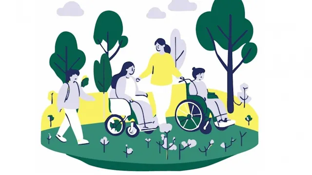 tekening met wandelende personen in natuur