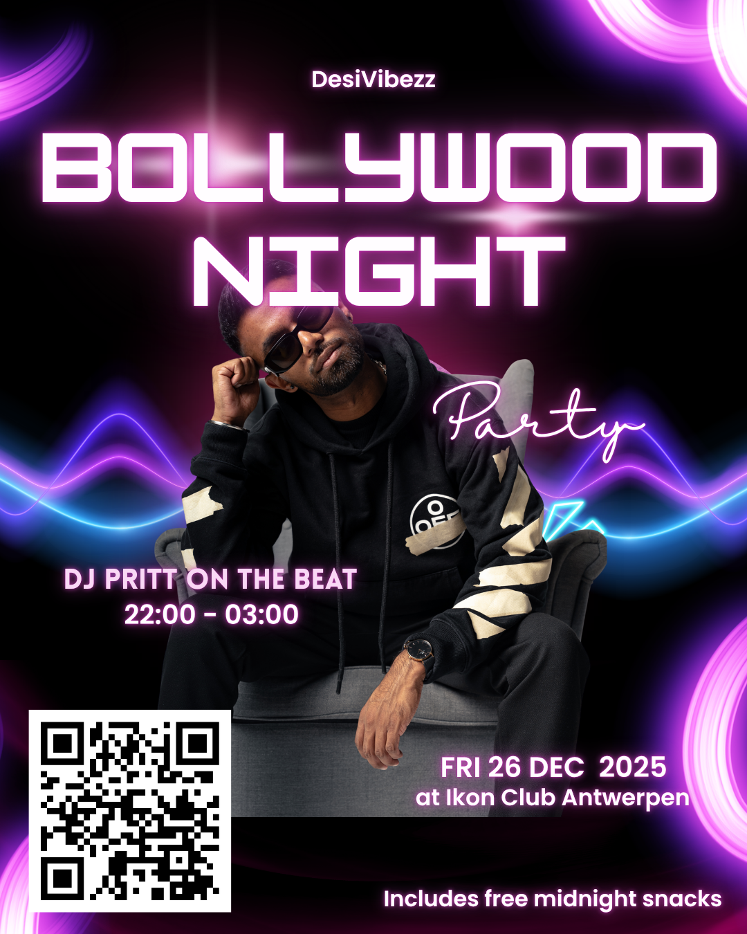 Are you READY? 🚀 26 December | 22:00 → Late Bollywood vibes ✨ Dancefloor energy 💃 Music by DJ Prit On The Beat 🎧🔥 Tickets: €18  Let’s turn the night into a vibe ❤️‍🔥 Tag je team & pull up!