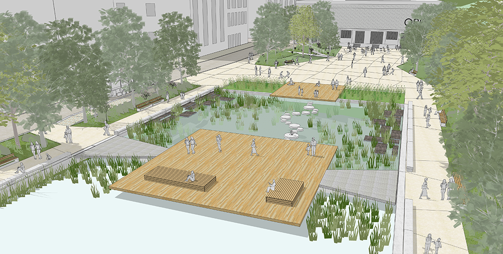 tekening van de vijver in de Vaartkom