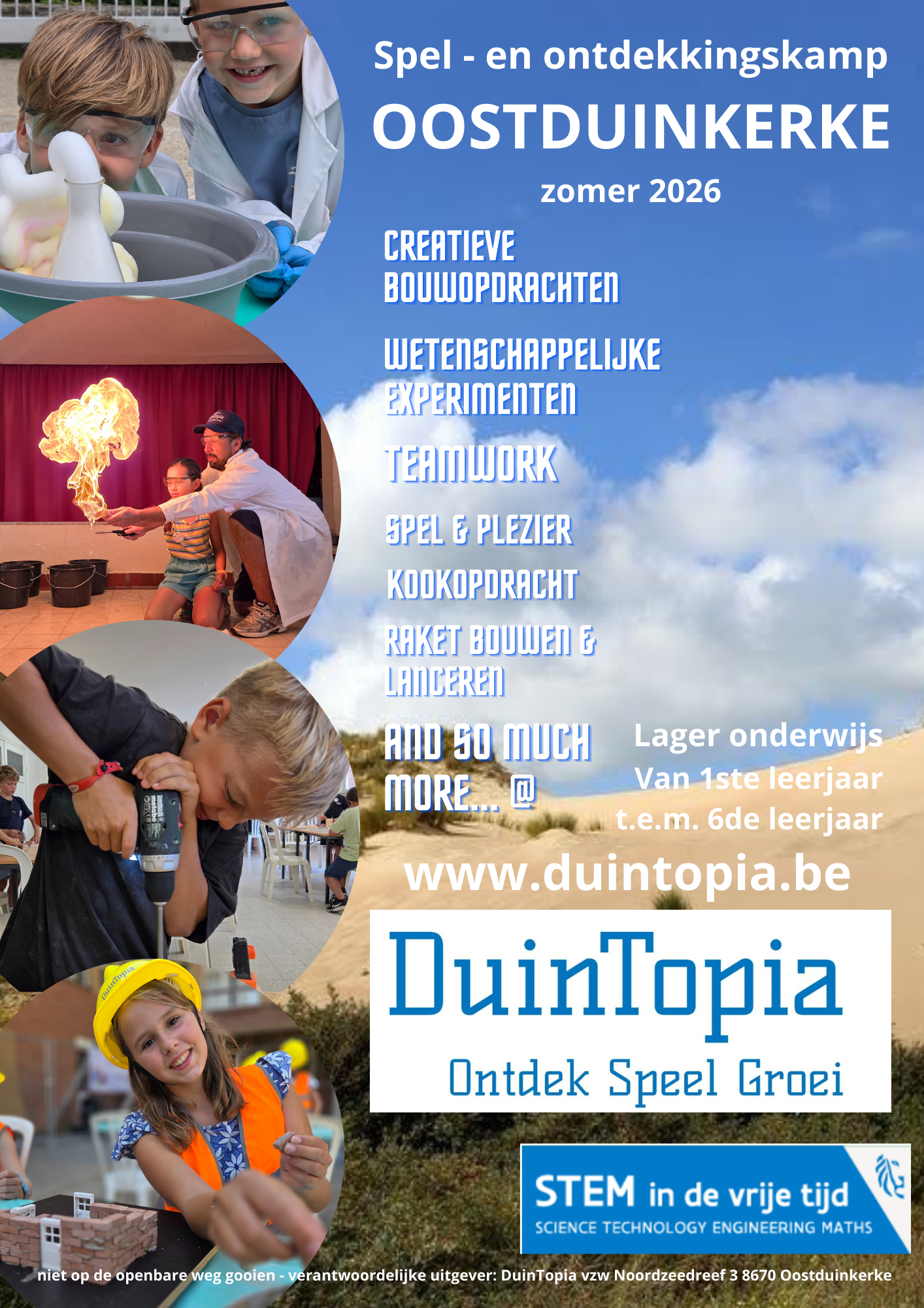 zomerkamp, spel- en ontdekkingskamp in Oostduinkerke, Nieuwpoort, Koksijde, Depanne, Veurne. Wetenschap en techniek, STEM in actie. Creatieve bouwopdrachten, escaperoom, wetenschappelijke experimenten, teamwork, raket bouwen en lanceren, ...