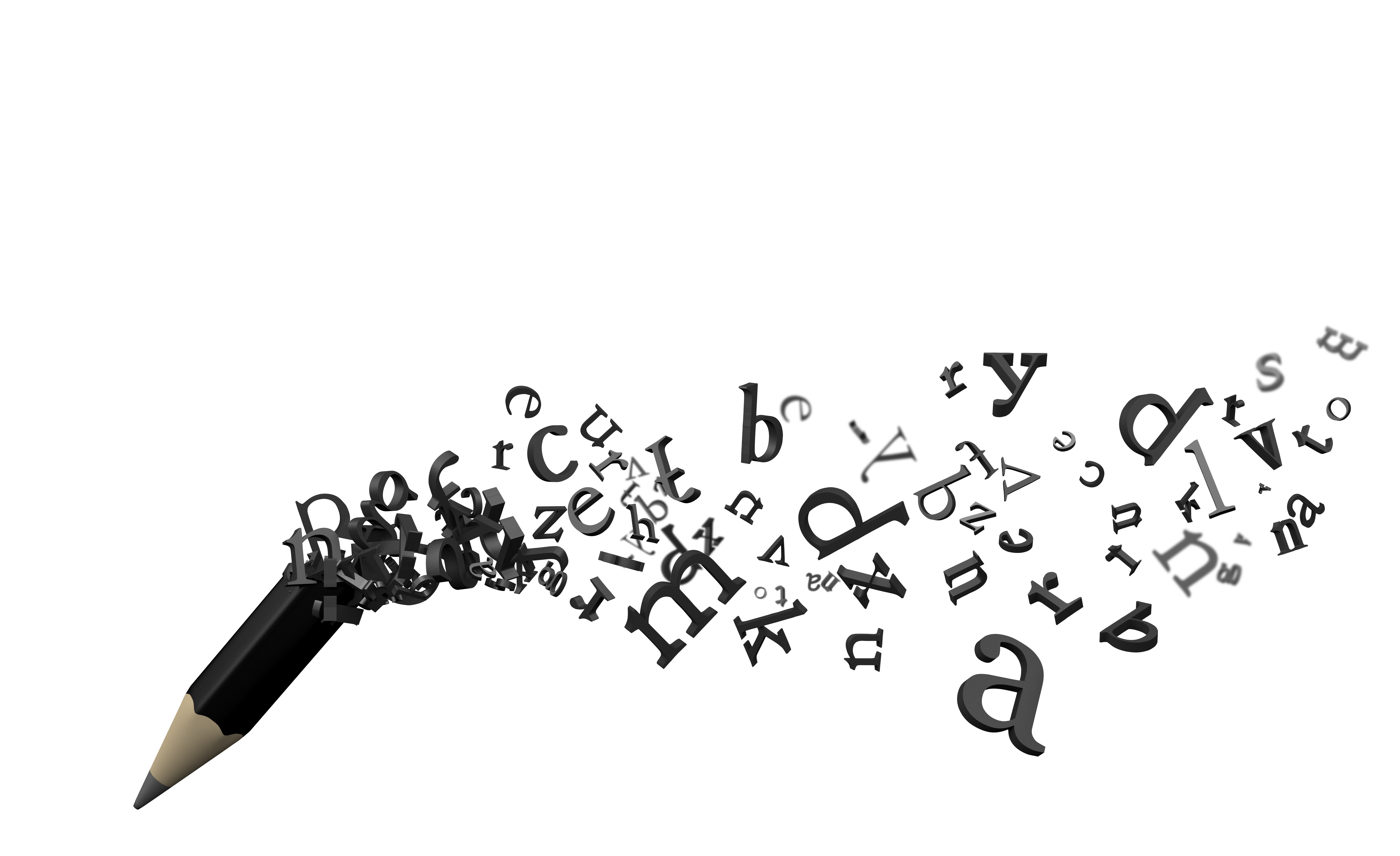 Een wolk letters ontspringt uit de achterkant van een zwart potlood dat aan het schrijven is