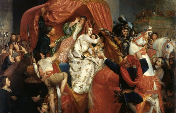 De hertogin van Bourgondië tegengehouden aan de poorten van Brugge - Sophie Rude, 1841