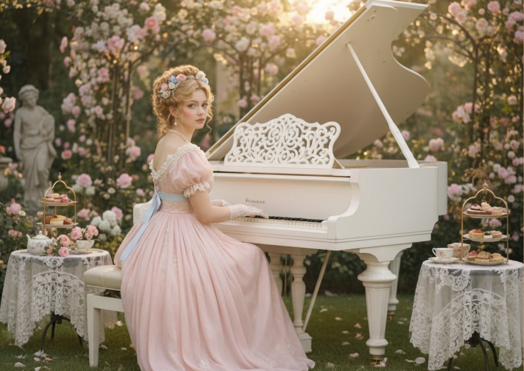 Een elegante vrouw in een High Tea setting aan een piano