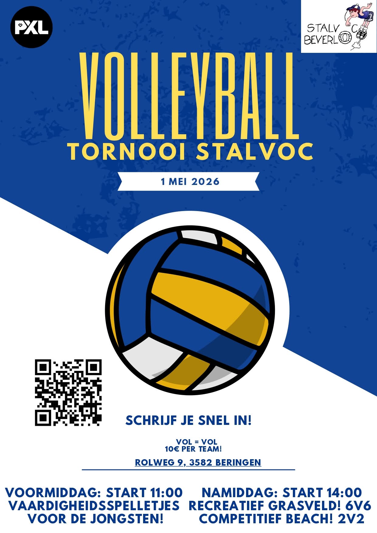 Volleyball openluchttornooi  recreatief 6 tgn 6, competitie beach 2 tgn 2, inschrijven via QR code of op stalvoc@telenet.be
