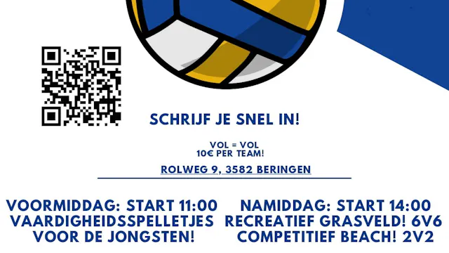 Volleyball openluchttornooi recreatief 6 tgn 6, competitie beach 2 tgn 2, inschrijven via QR code of op stalvoc@telenet.be