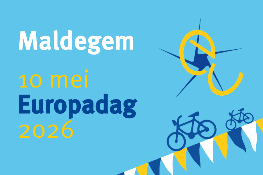 Bannerafbeelding met tekst "Maldegem 10 mei Europadag 2026", vlaggen, een logo en twee fietsen.
