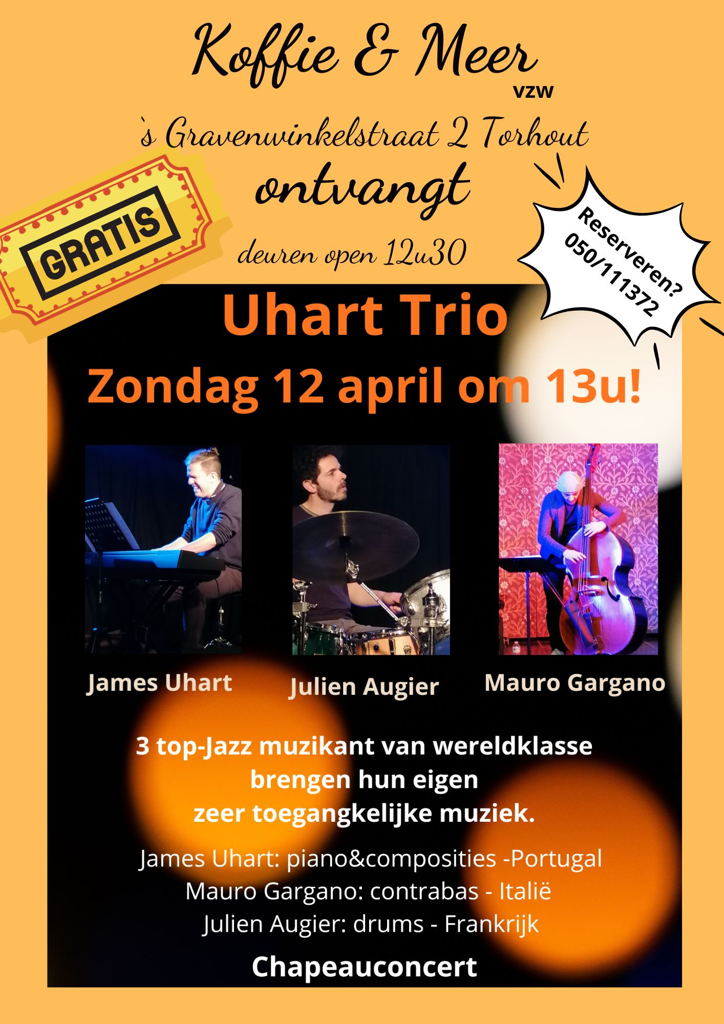 Wij hebben de eer en het genoegen jullie uit te nodigen om het chapeauconcert te komen bijwonen in onze zaak! En OMG, welke band hebben we op bezoek !? Uhart Trio, 3 TOP JAZZ muzikanten komen onze oortjes verwennen met heel toegankelijke smooth jazz 