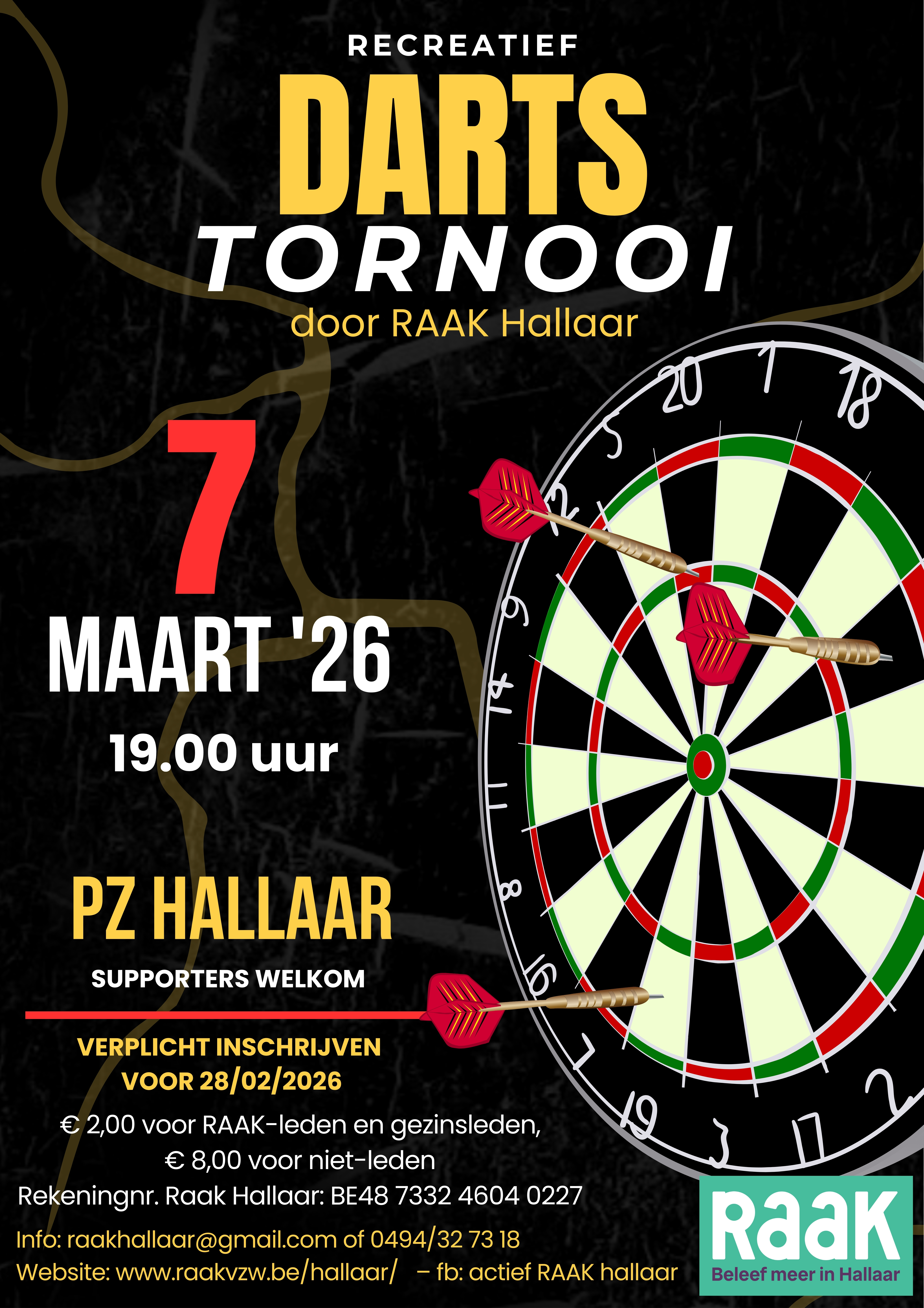 Recreatief dartstornooi op zaterdag 07/03/2026