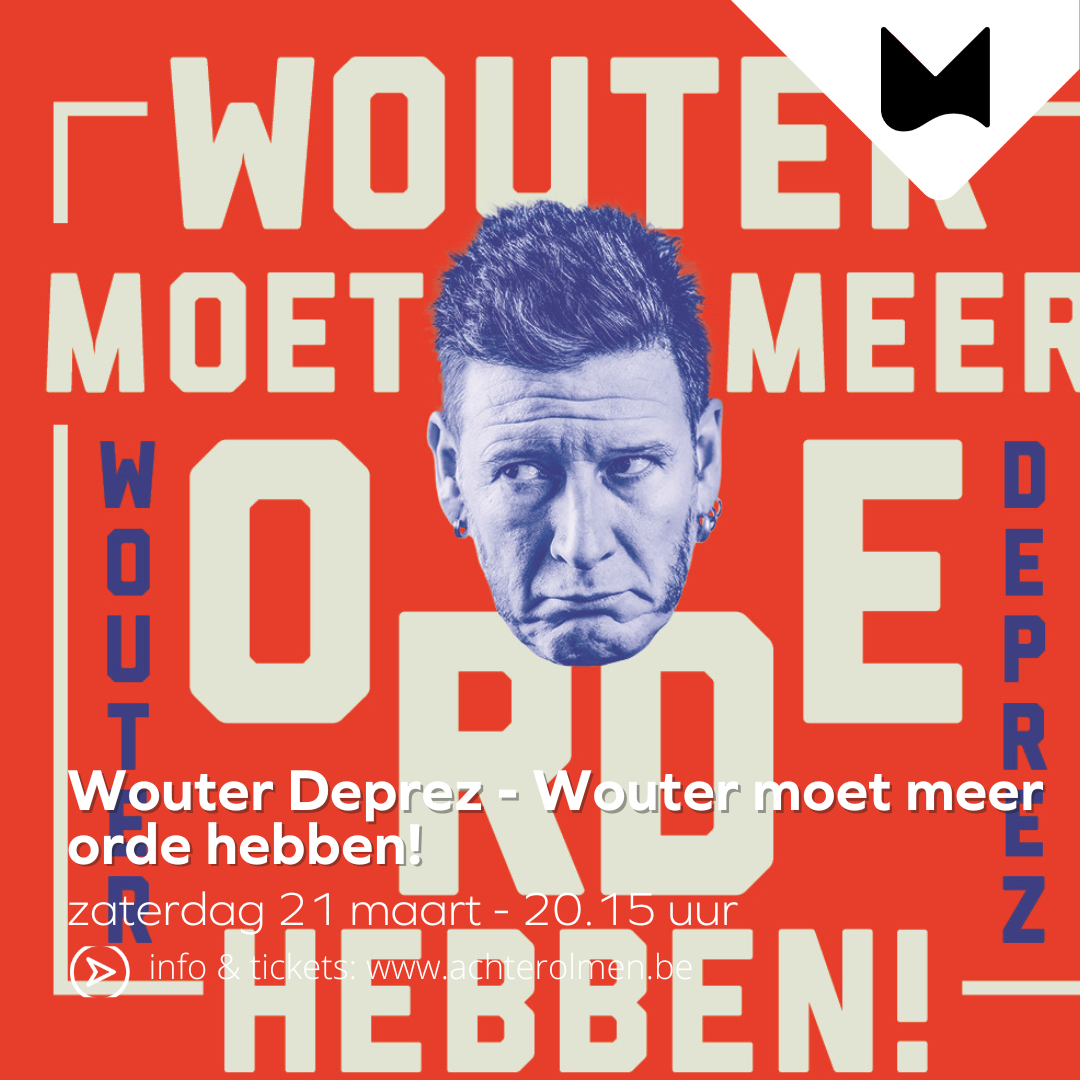 hoofd van Wouter op rode affiches met titel in grote letters