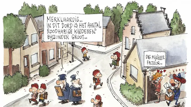 Cartoon van een dorp met opvallend veel roodharige kinderen met onderaan in de hoek de postbode met dezelfde haarkleur.