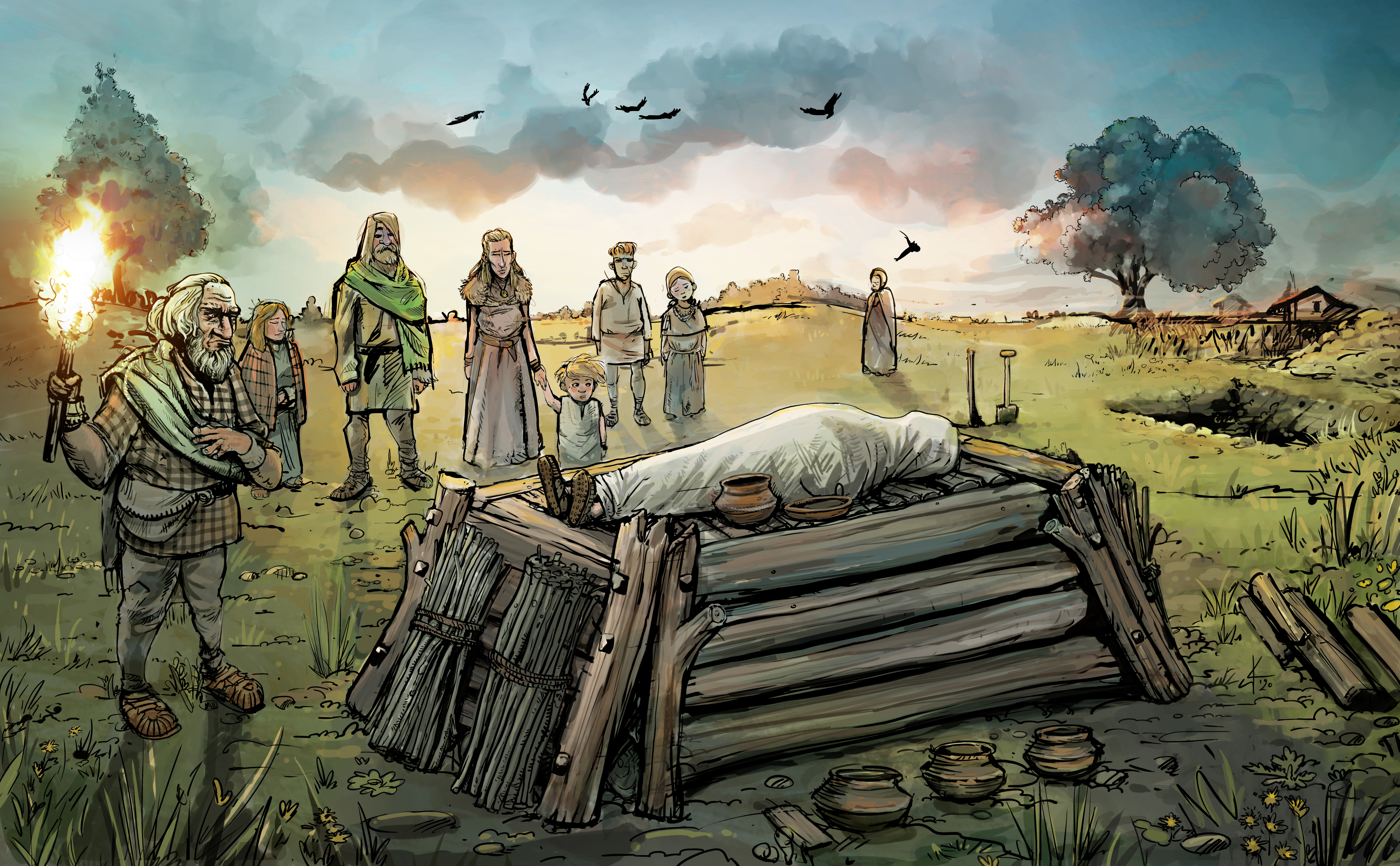 Reconstructietekening van het crematieritueel