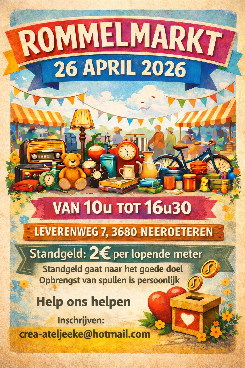 Rommelmarkt ten voordele van goed doel. Iedere standhouder mag een goed doel naar keuze doorgeven waarna beslist wordt naar welk goed doel de opbrengst van het standgeld en eten/drinken gaat. Altijd gezelligheid verzekerd! 