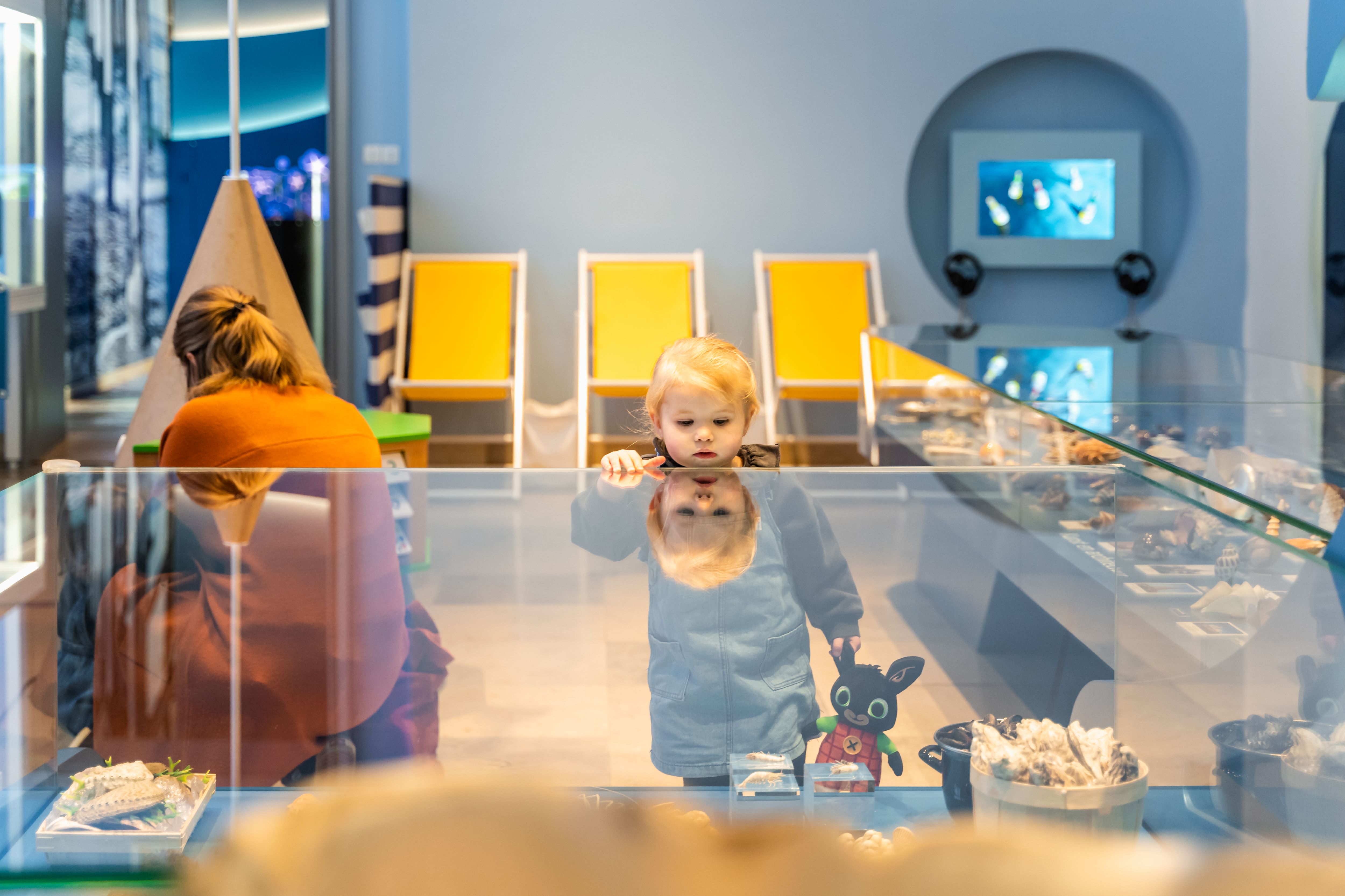 Een meisje kijkt naar schelpen in de expo Zee in Zicht