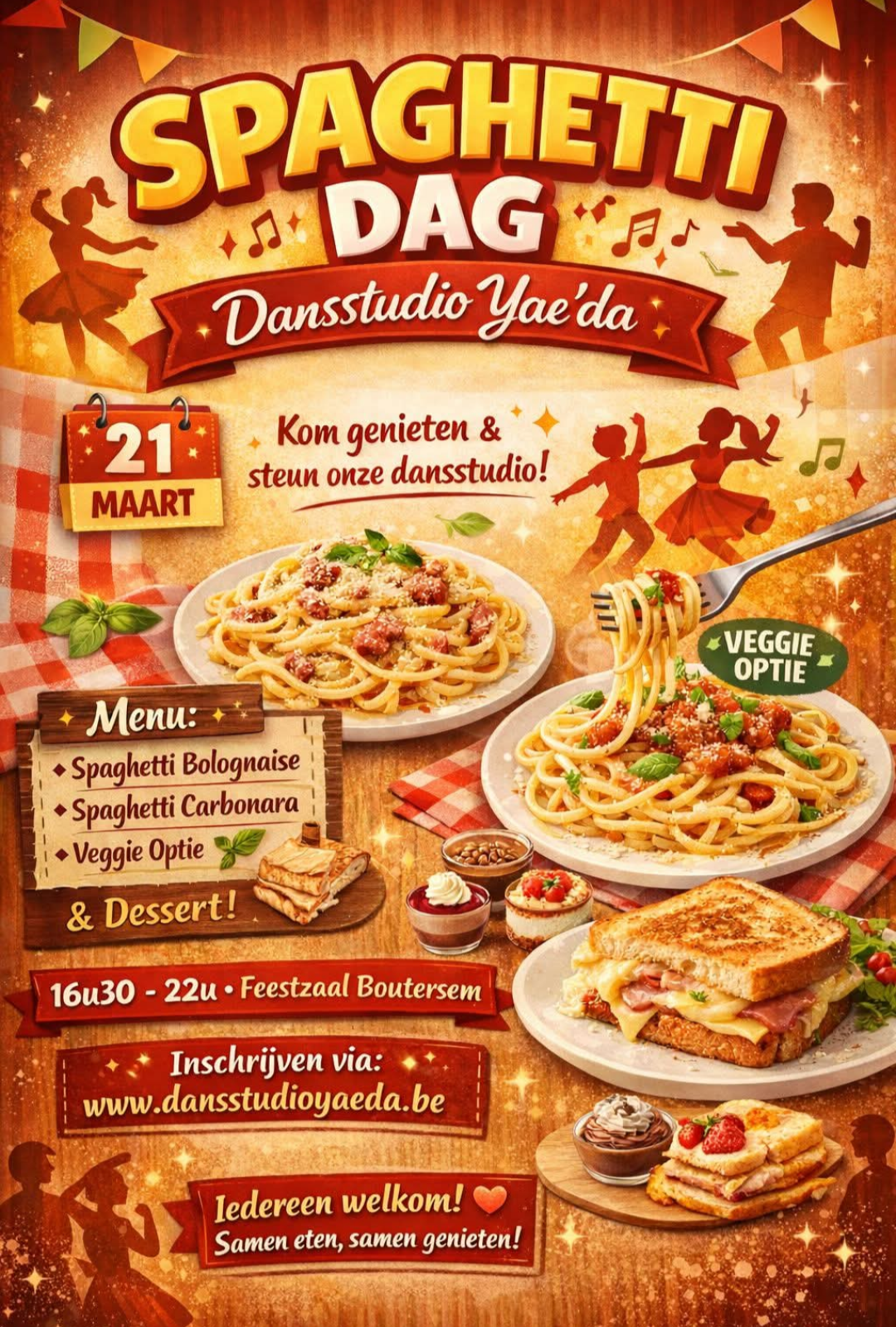 Overheerlijke en vers gemaakte spaghetti. Daarnaast zorgen we voor de nodige sfeer en gezelligheid. Alle opbrengsten gaan integraal naar onze dansshows in mei en de algemene werking van de dansstudio. Inschrijven kan VANAF NU en dit t.e.m. 19 maart.