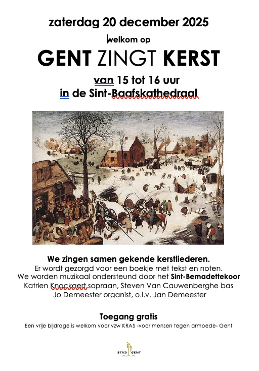 Voor de 5e maal vindt 'Gent zingt Kerst' plaats  in de Gentse Sint-Baafskathedraal. We zingen samen gekende kerstliederen ondersteund door koor en orgel. Welkom op Zaterdag 20 december van 15 tot 16 uur. Gratis toegang. Vrije bijdrage voor KRAS vzw 