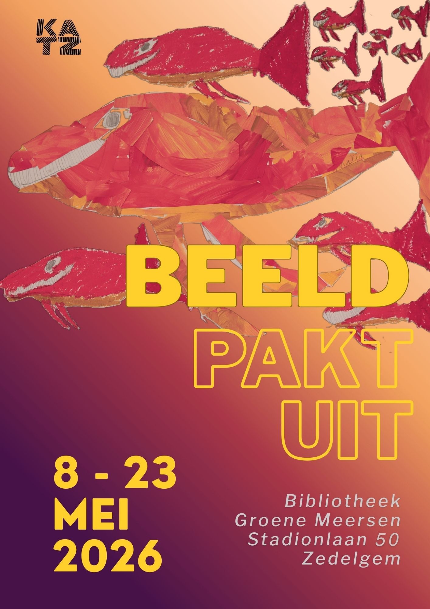 Flyer tentoonstelling 'Beeld pakt uit' met rode vissen op.