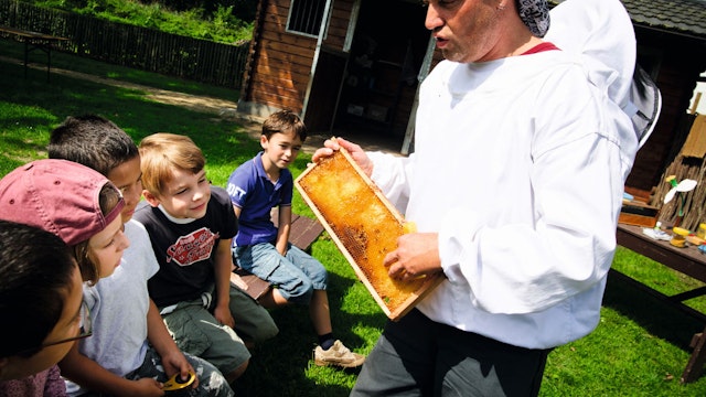 Imker toont kinderen een honingraat