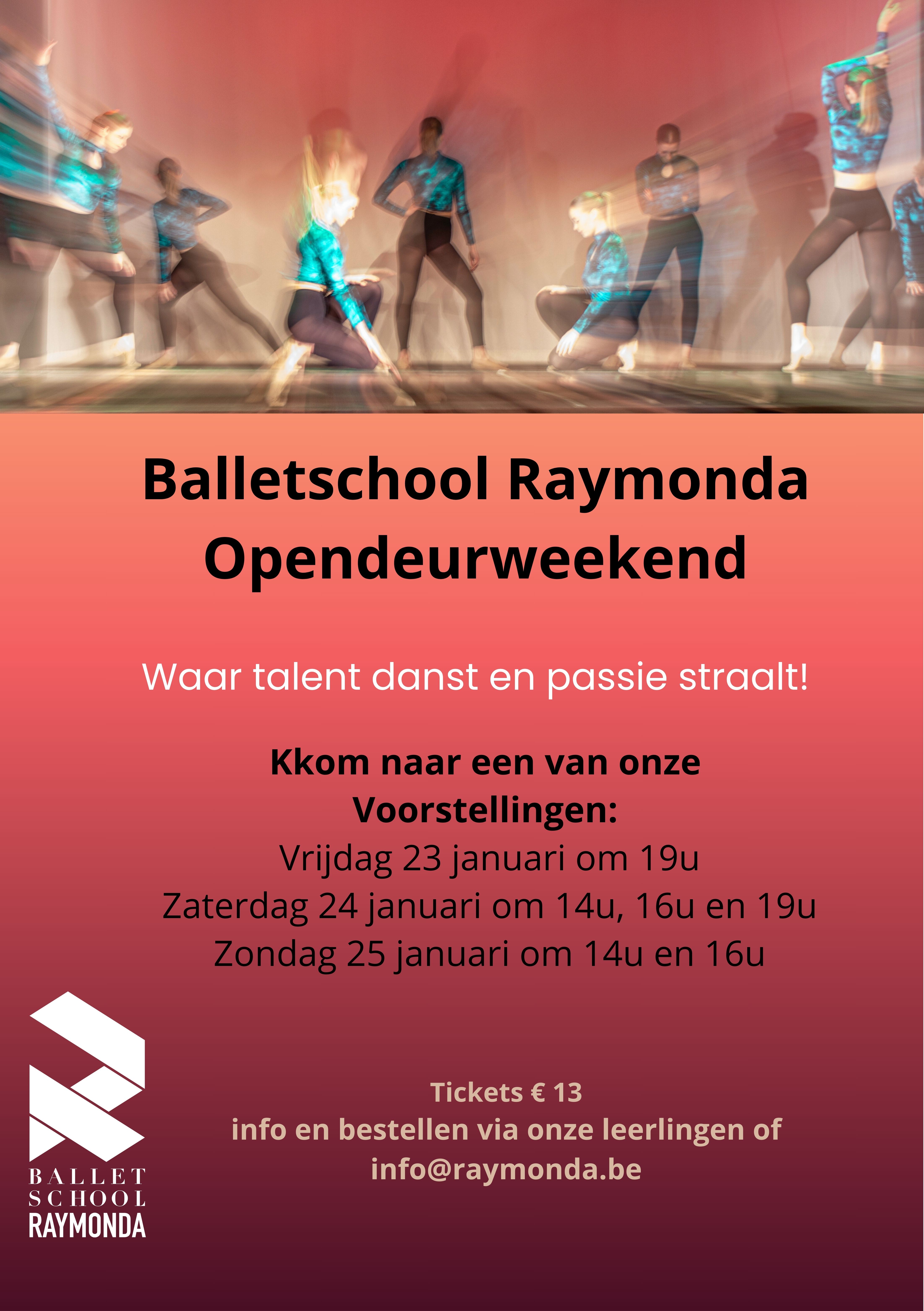 Kom en geniet van de danstalenten van onze leerlingen. Tijdens 6 optredens laten zij zien waar ze het ganse jaar mee bezig zijn.  Avondvoorstellingen: middelbaar, hoger onderwijs en YBA. Namiddag: kleuter, lager en YBA. 