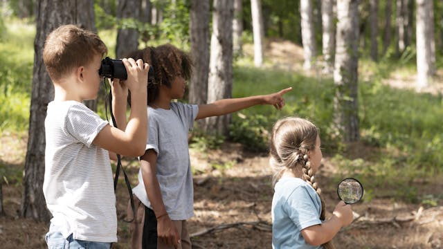 Kinderen op schattentocht in het bos
