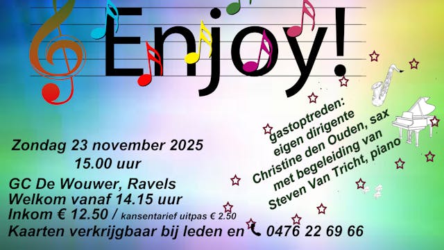 Dat zingen en genieten hand in hand gaan weten ze bij Enjoy! maar al te goed. Het zangkoor staat met veel plezier klaar om dit met u te delen. Kom mee genieten van een leuk en aangenaam concert met prachtige, gevarieerde zang en mooie muziek.