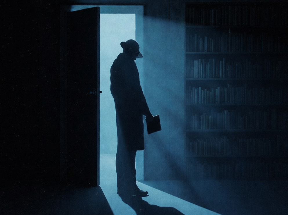 Een man met hoed en lange jas staat in een deuropening met een boek in zijn hand.