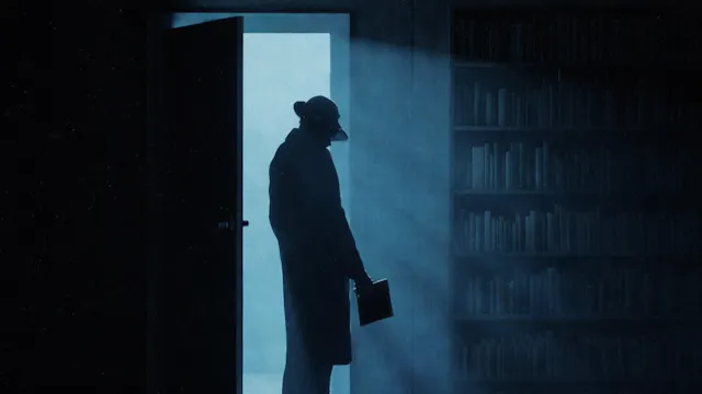 Een man met hoed en lange jas staat in een deuropening met een boek in zijn hand.