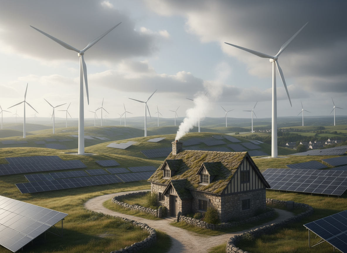 een huisje temidden zonnepanelen en windmolens