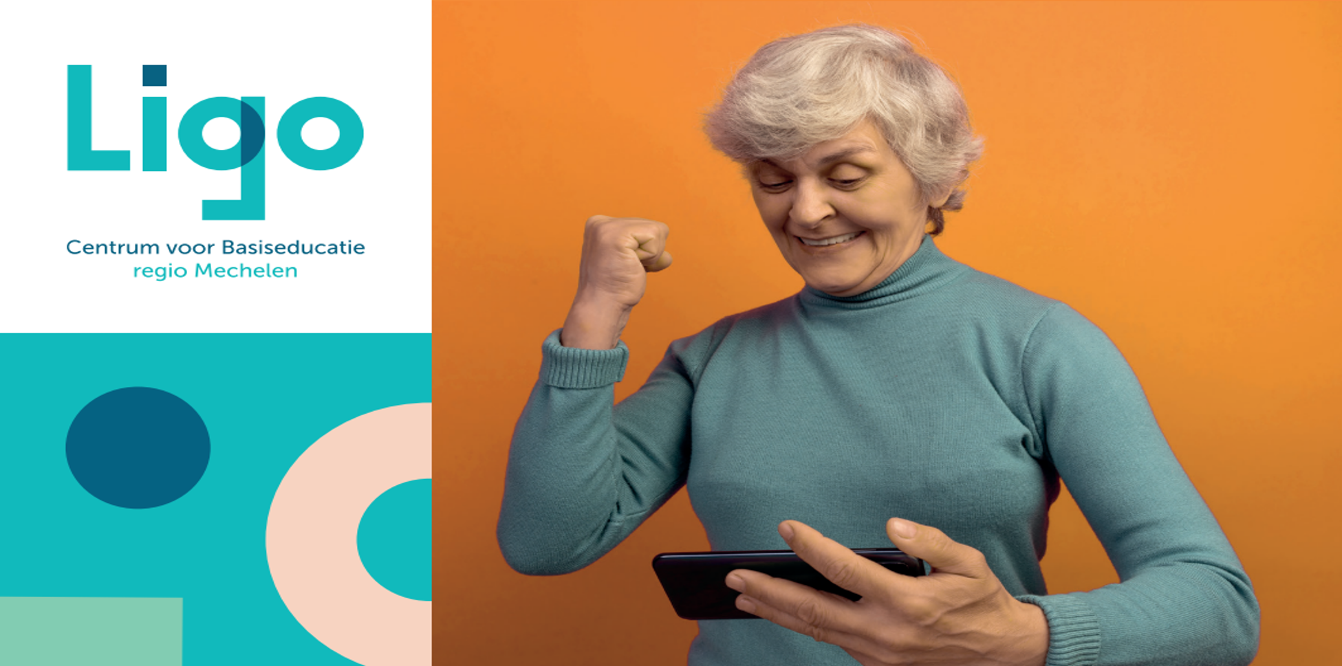 logo van Ligo en foto van blije oudere dame met smartphone