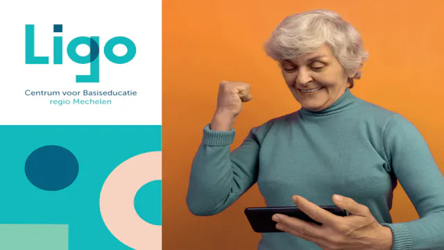 logo van Ligo en foto van blije oudere dame met smartphone