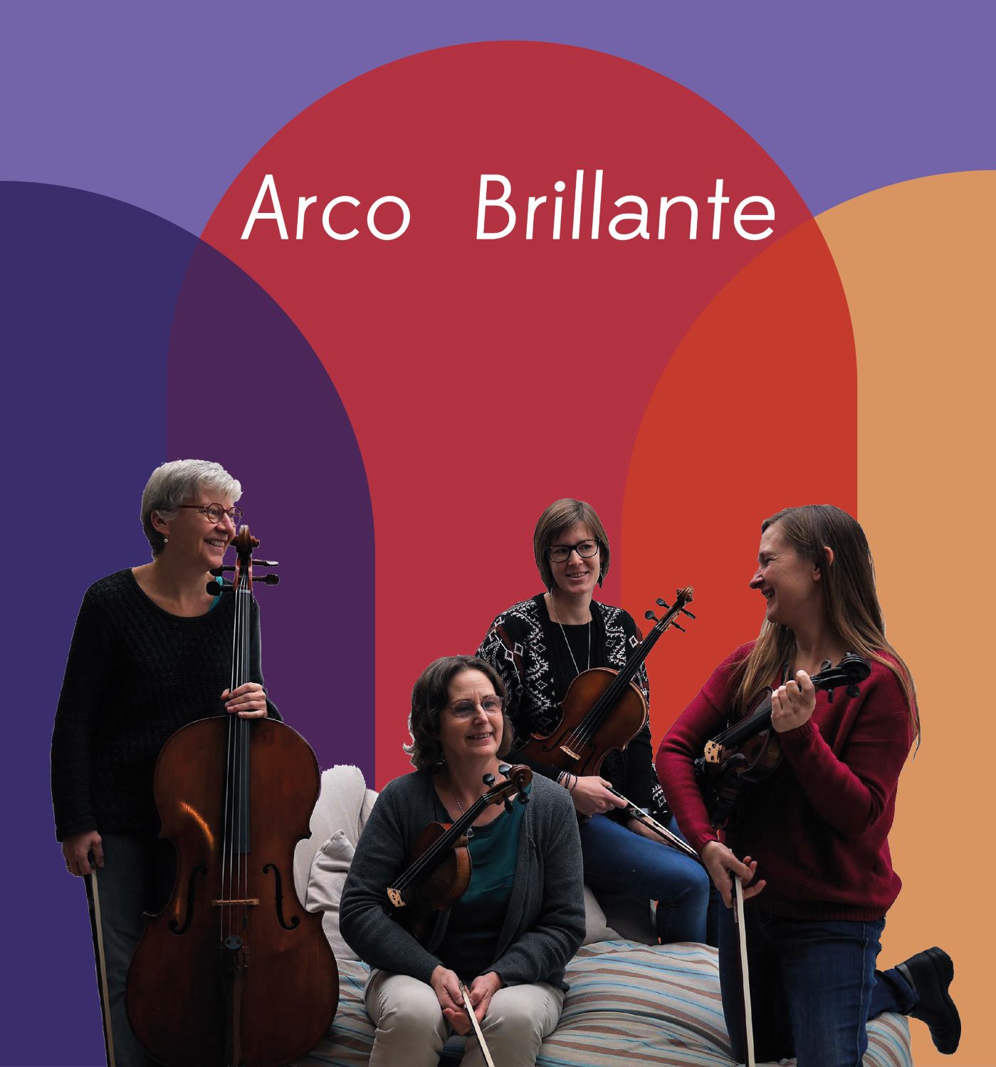 Het kwartet Arco Brilliante met hun instrumenten voor een kleurrijke achtergrond