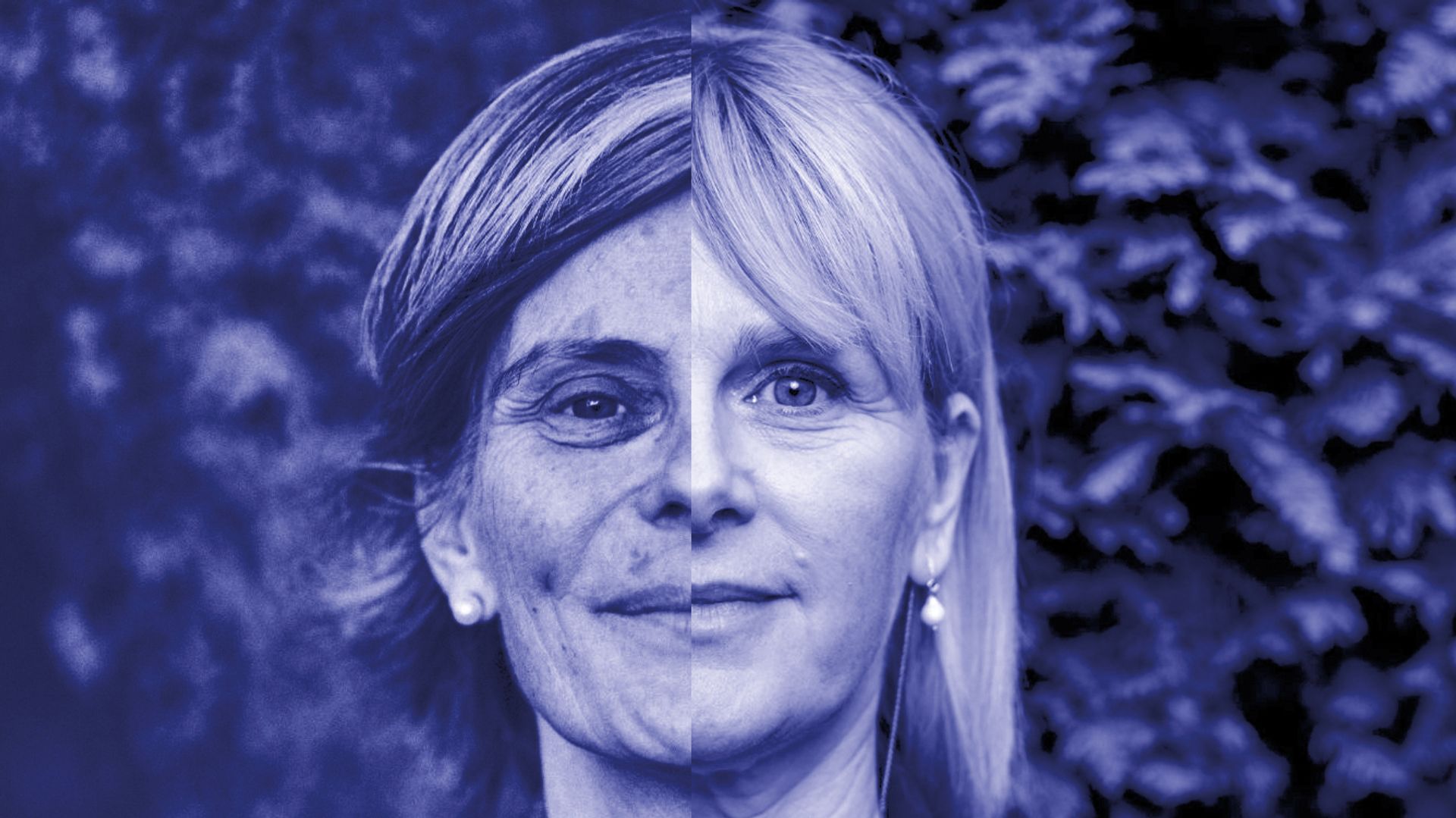 Blauwe collage met halve gezichten van Ann Miller en Caroline Pauwels.