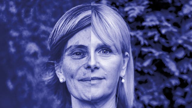 Blauwe collage met halve gezichten van Ann Miller en Caroline Pauwels.