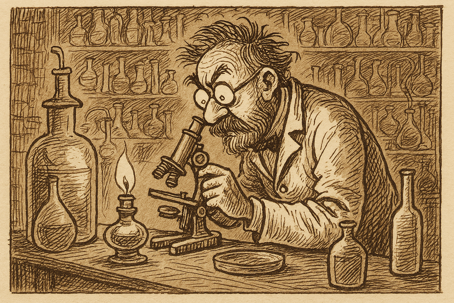 cartoon van een onderzoeker die in een microscoop kijkt