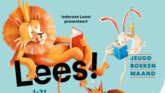 Affiche van de Jeugdboekenmaand 2026 - Lees! Brul! Grom!.