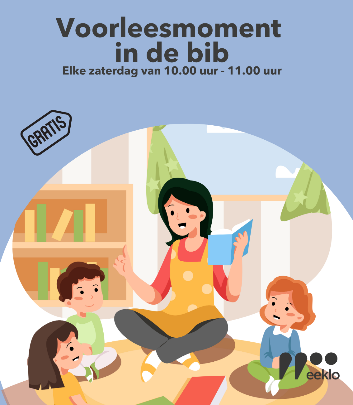 Voorlezer en groepje kinderen