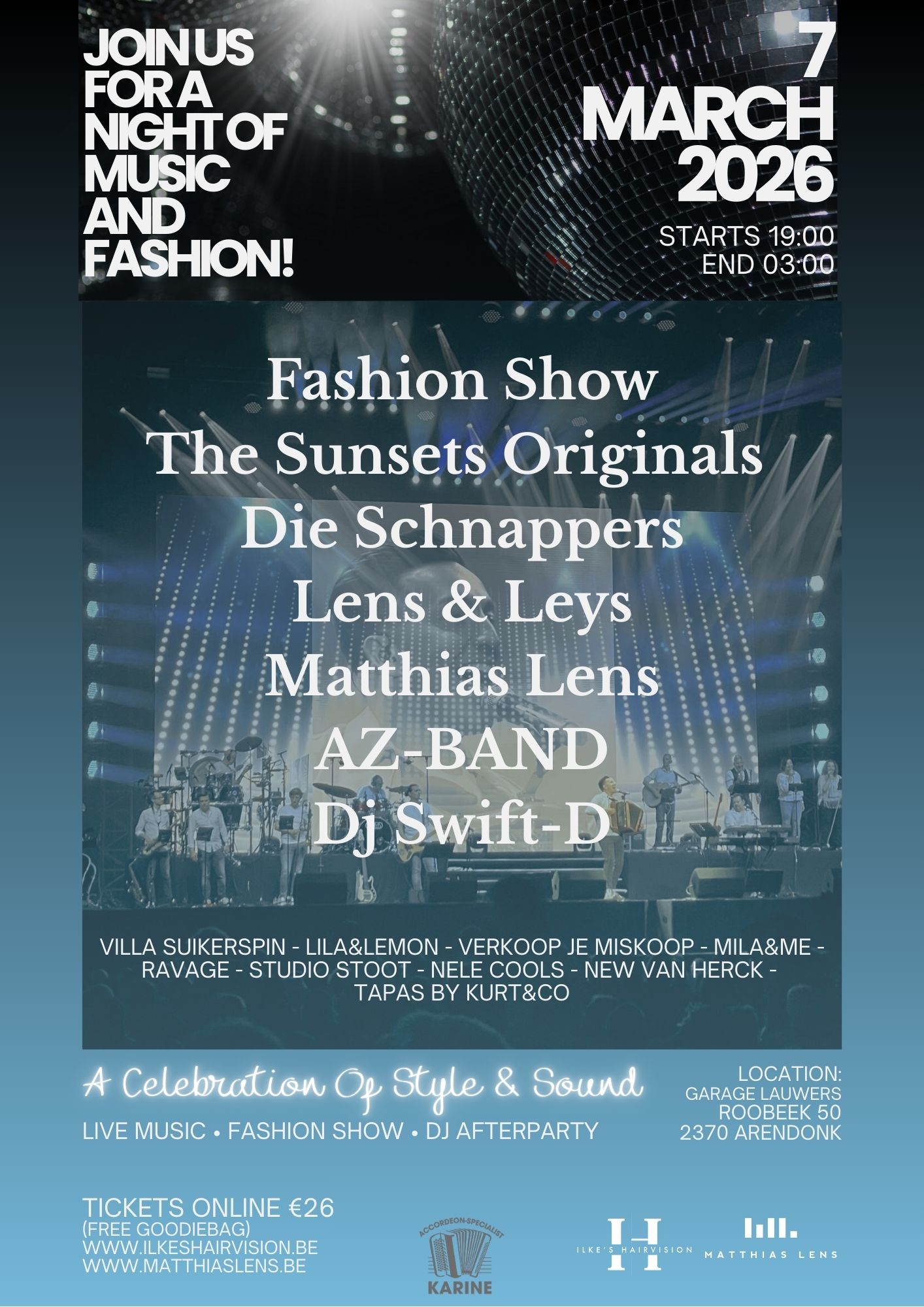 Dit wordt geen klassieke Schlageravond en is niet alleen voor klanten en fans. We vieren carrière, creativiteit en lokaal ondernemen. Live muziek in verschillende stijlen, modeshow en afterparty!