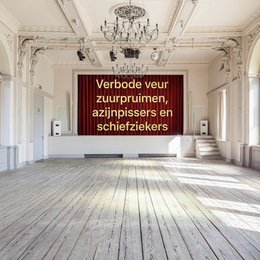 Theaterzaal met tekst op het gordijn: Verbode veur zuurpruimen, azijnpissers en schiefziekers.