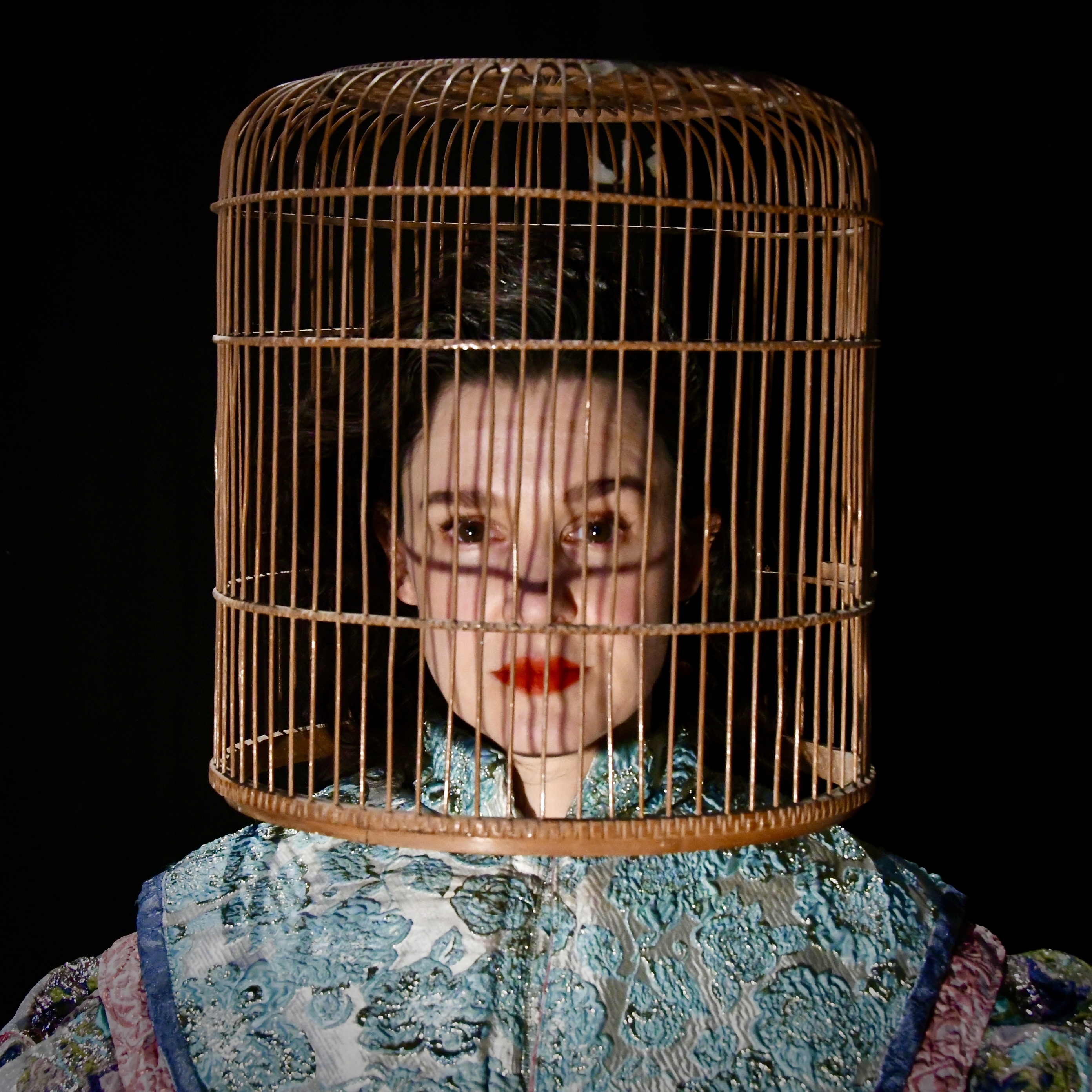 Afbeelding van een persoon met een vogelkooi op hun hoofd.