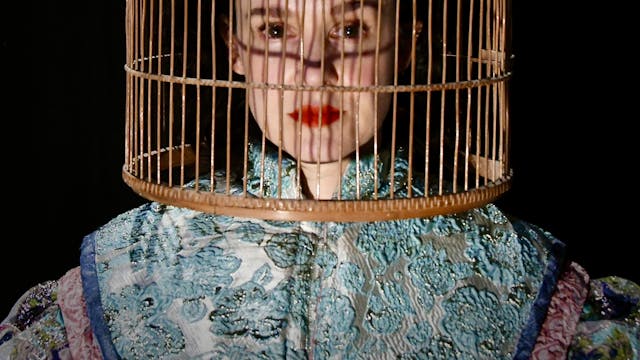 Afbeelding van een persoon met een vogelkooi op hun hoofd.