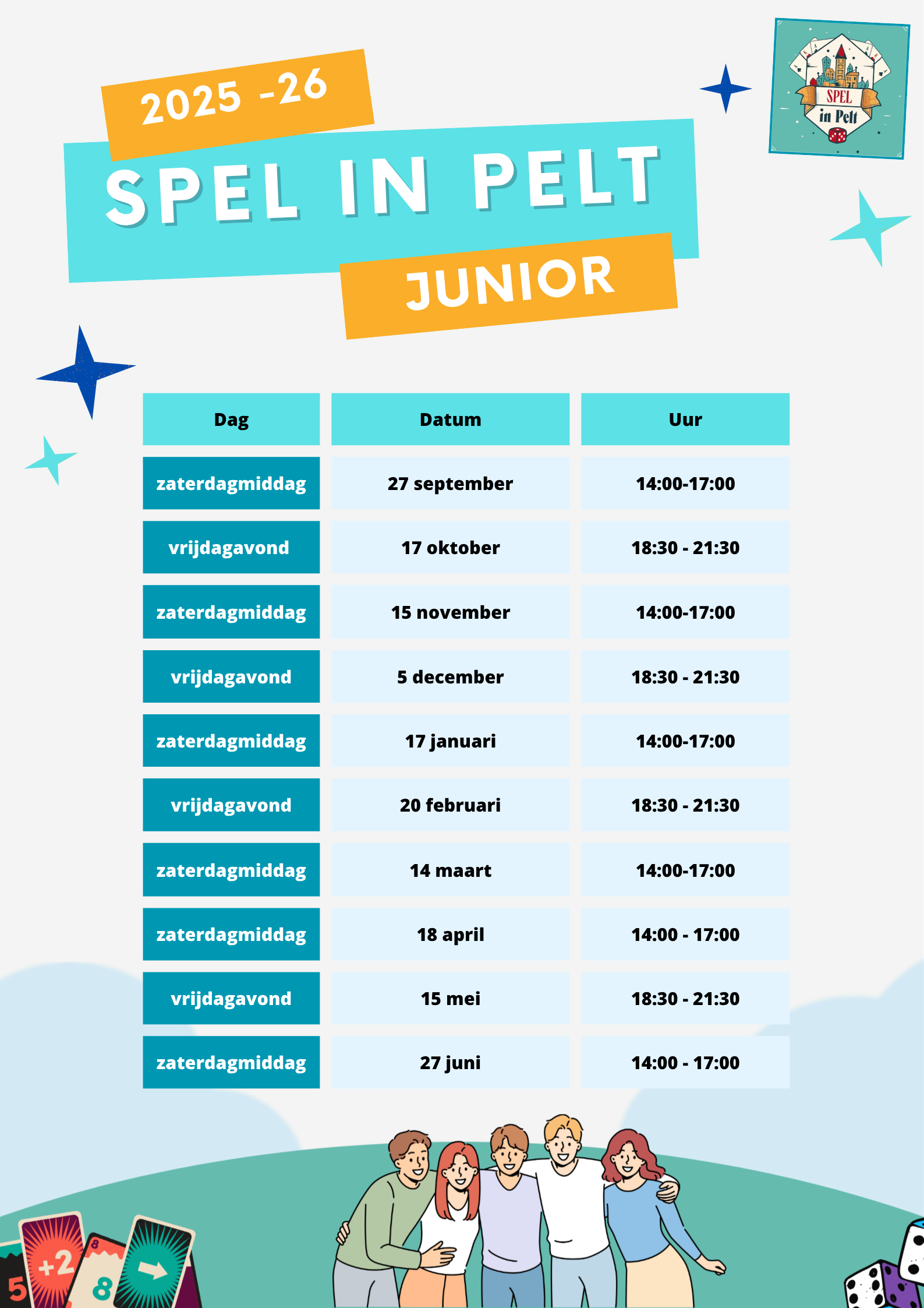 overzicht datums Spel in Pelt! Junior