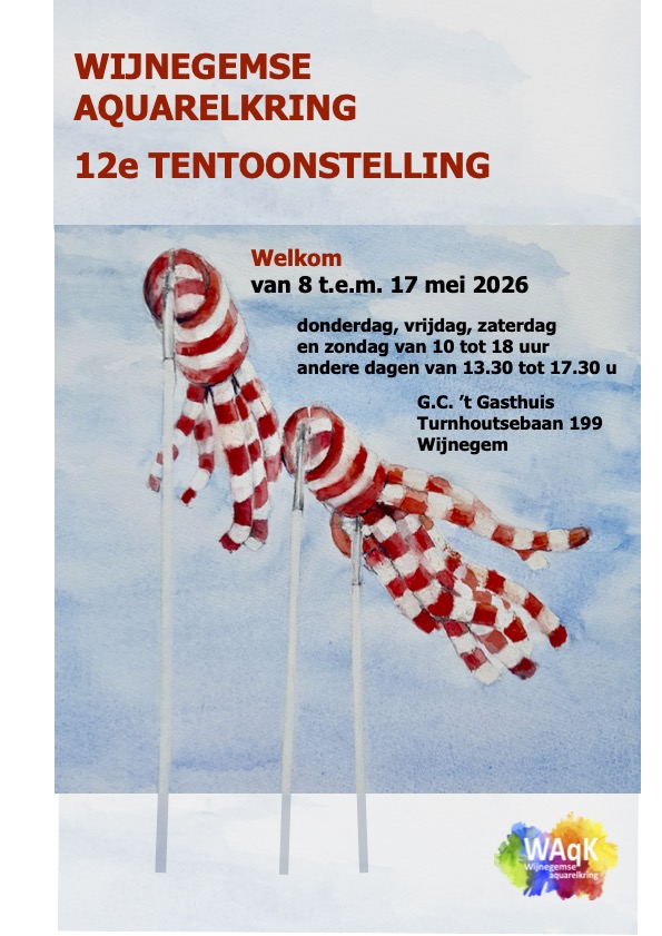 De Wijnegemse Aquarelkring houdt haar 12e groepstentoonstelling on twee zalen van 't Gasthuis in Wijnegem.  Een variatie aan onderwerpen en technieken om te aquarelleren komt aan bod.