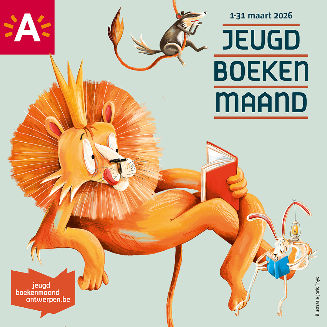 Campagnebeeld Jeugdboekenmaand met lezende leeuw, konijn, ..