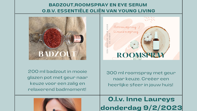 workshop badzout, roomspray en eyeserum met essentiële oliën