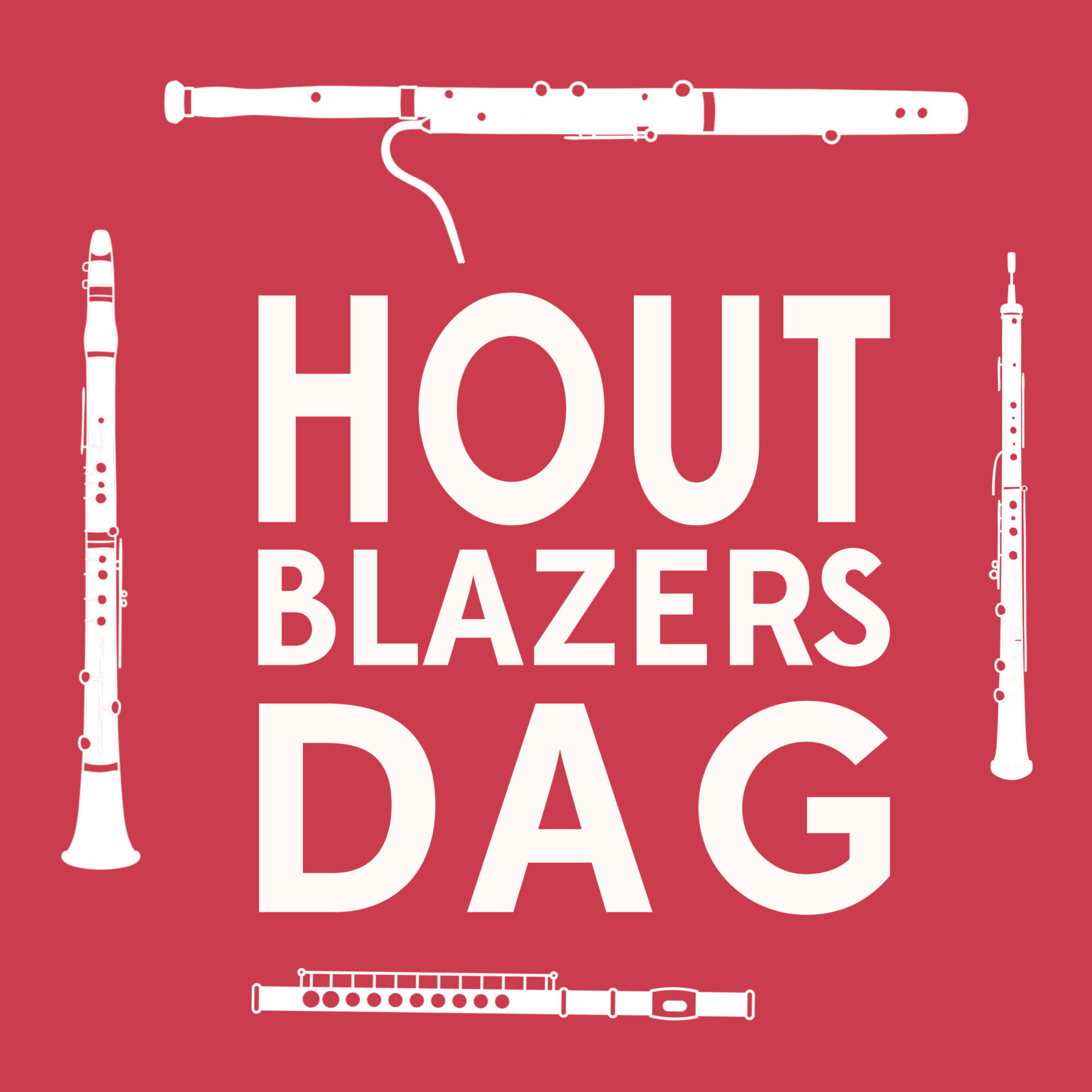 rode achtergrond met witte illustraties houtblaas instrumenten