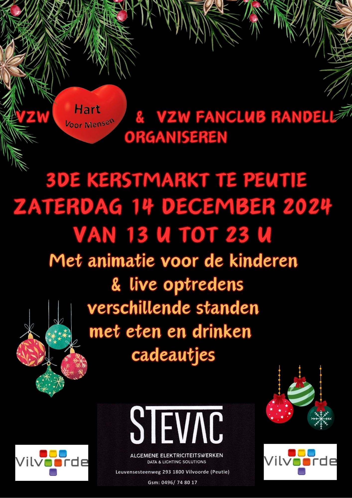 Leuke kerstmarkt met standen van eten en drinken , kerstcadeautjes. Kinderanimatie en muziek.