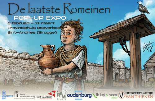 Campagnebeeld met jonge Romein die een aardewerken pot vasthoudt. Het kind staat voor een waterput binnen de muren van het fort van Oudenburg.