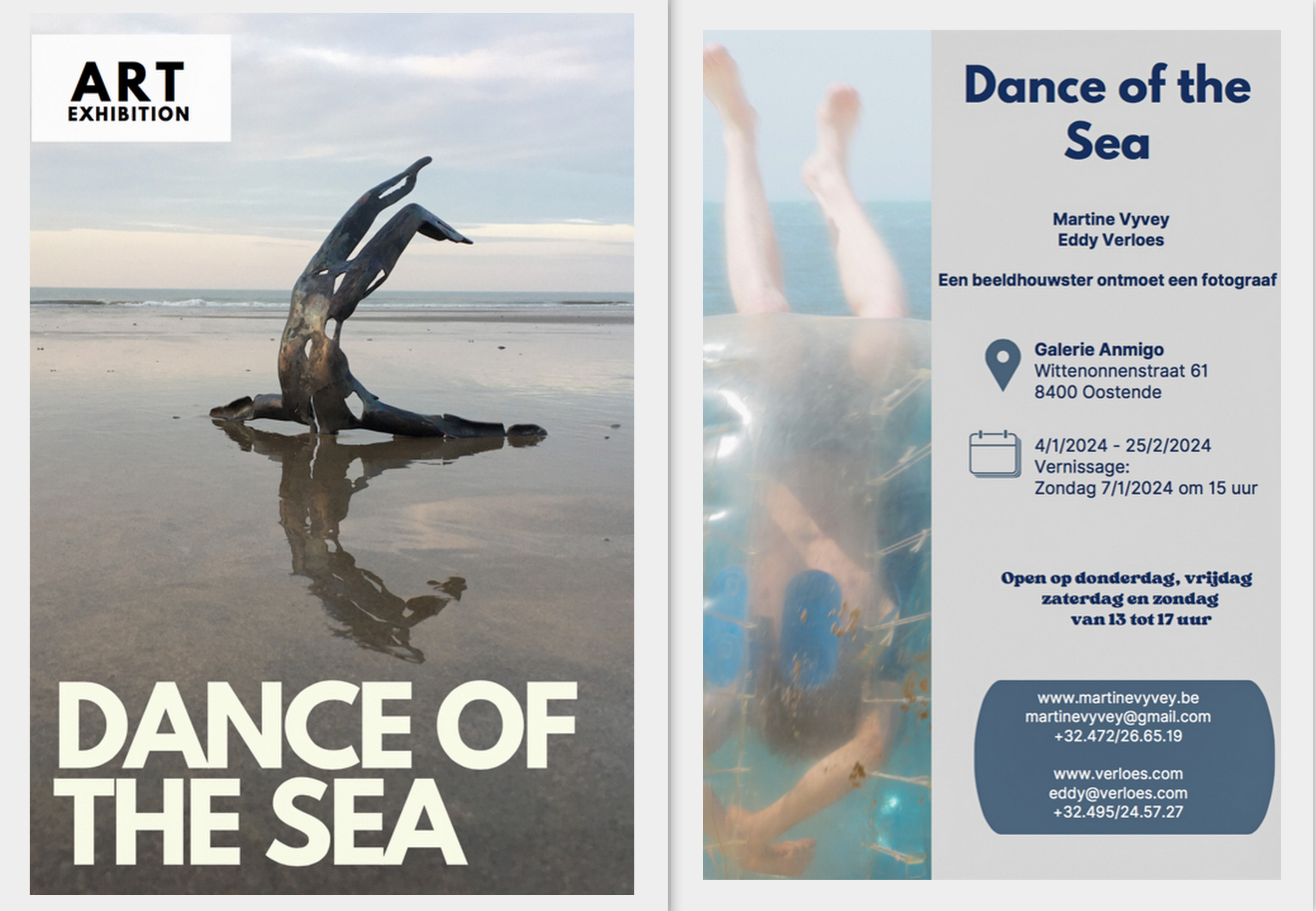 Dance of the Sea. Oostends beeldhouwster Martine Vyvey ontmoet fotograaf Eddy Verloes. Beeldhouwwerken en foto's gaan met elkaar in dialoog met als thema's vrijheid, dans, zee. 