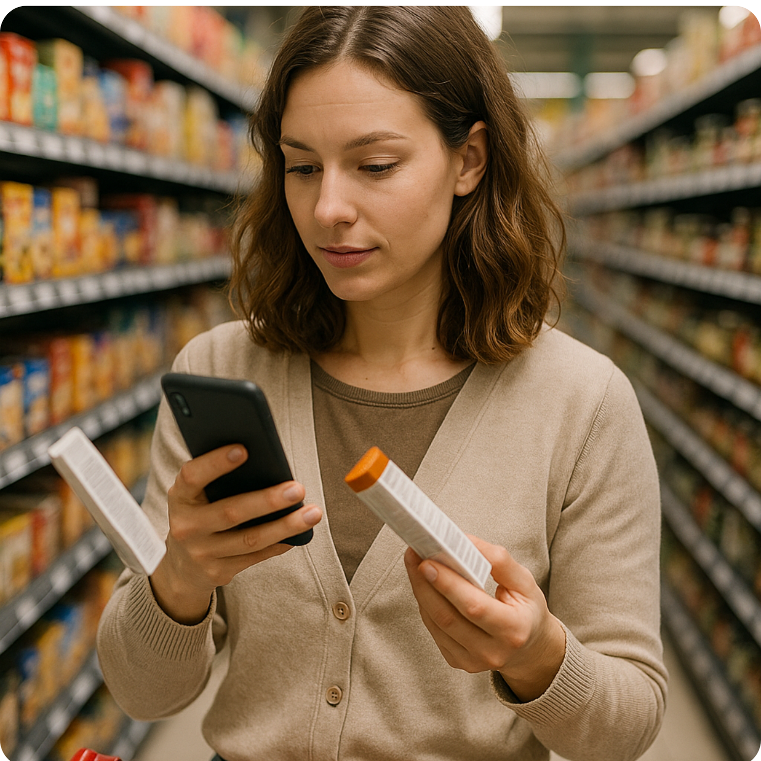 Vrouw in winkel leest een verpakking